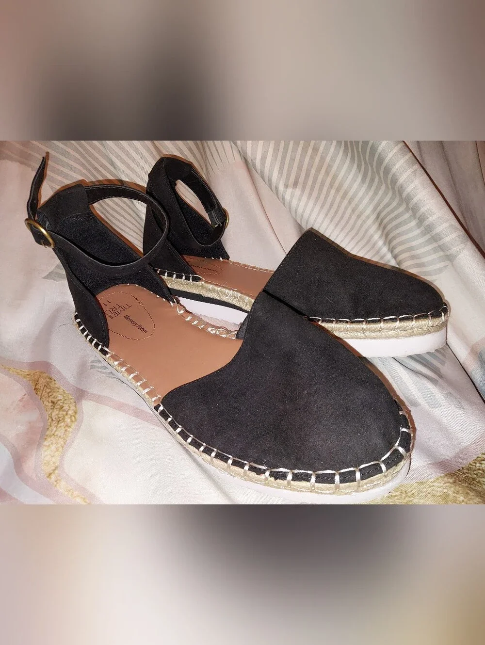 Time and Tru Black Ankle-Strap Espadrille Sandals with Gold Accent 11